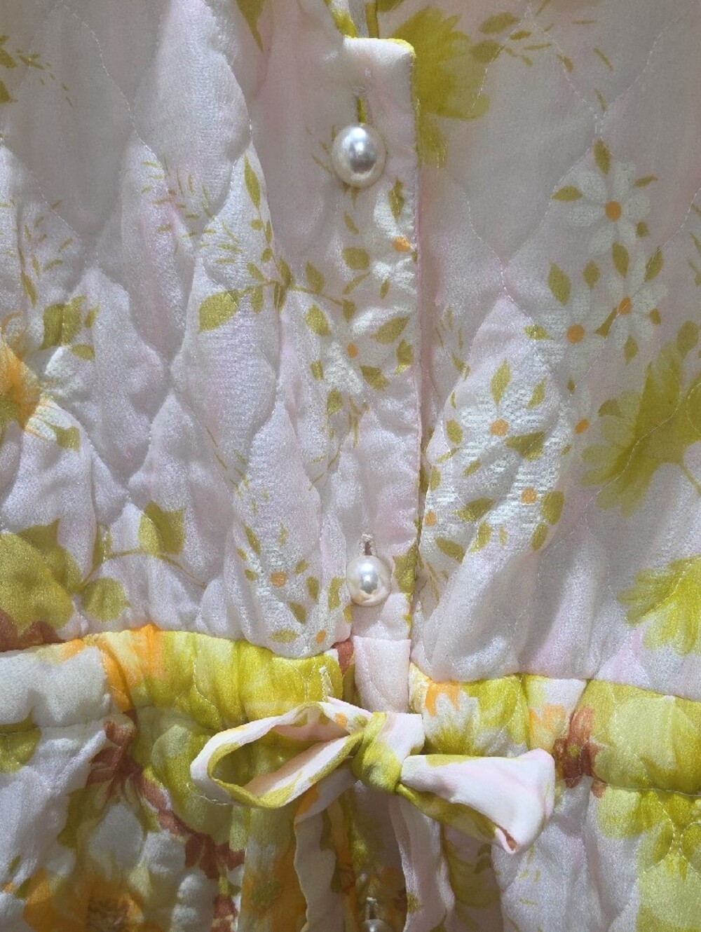 Vintage 1960's Floral Quilted Belted Coatigan in Pastel Yellow & Peach - Picture 2 of 15